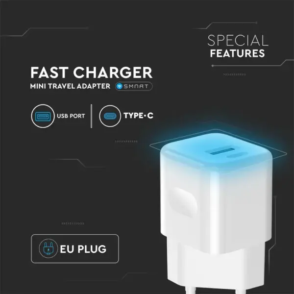 Ταχυφορτιστής ταξιδίου 30W δύο θυρών USB & Type-C με λευκό σώμα V-TAC – 6680