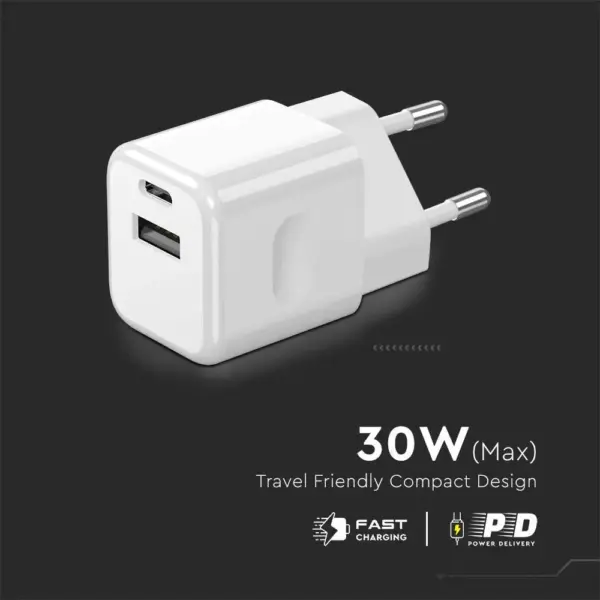 Ταχυφορτιστής ταξιδίου 30W δύο θυρών USB & Type-C με λευκό σώμα V-TAC – 6680