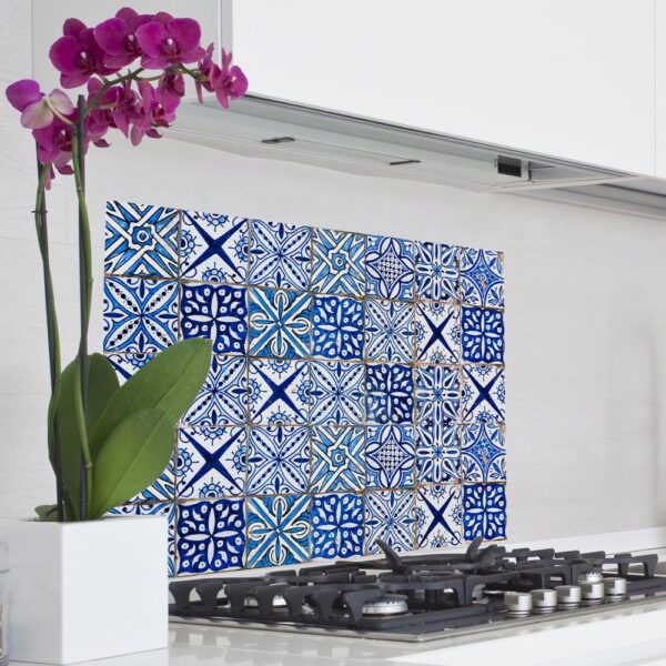 Blue Azulejos L πλάτη προστασίας τοίχου εστιών κουζίνας Ango – 67215