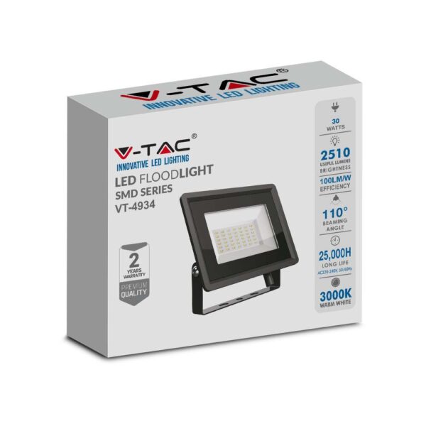 30W LED Προβολέας Μαύρο Σώμα V-TAC IP65 Θερμό 3000K – 6743