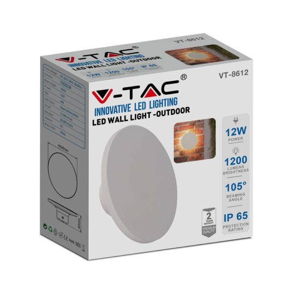 LED Απλίκα Τοίχου Αρχιτεκτονικού Φωτισμού 12W Στρογγυλή Λευκή V-TAC IP65 Θερμό Λευκό 3000K – 6785
