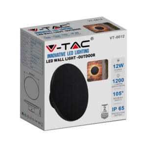 LED Απλίκα Τοίχου Αρχιτεκτονικού Φωτισμού 12W Στρογγυλή Μαύρο V-TAC IP65 Θερμό Λευκό 3000K – 6787