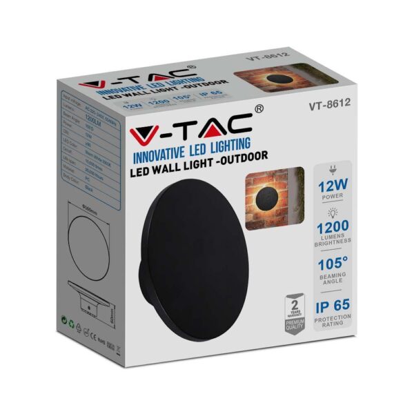 LED Απλίκα Τοίχου Αρχιτεκτονικού Φωτισμού 12W Στρογγυλή Μαύρο V-TAC IP65 Θερμό Λευκό 3000K – 6787