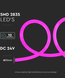 LED Neon Flex 12W V-TAC 24V 360° Ροζ 10 Μέτρα – 6874