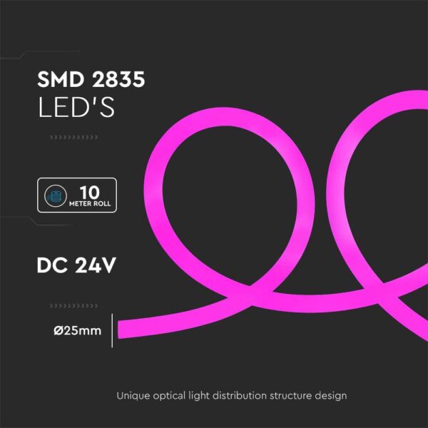 LED Neon Flex 12W V-TAC 24V 360° Ροζ 10 Μέτρα – 6874