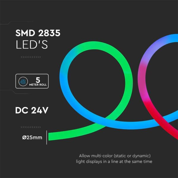 LED Neon Flex 10W V-TAC 24V 360° RGB Πολύχρωμη 10 Μέτρα – 6875