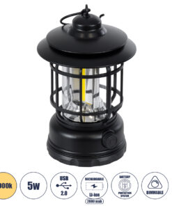 GloboStar® 85692 Αυτόνομο Επαναφορτιζόμενο Φανάρι Camping LED 5W USB 2.0 με Επαναφορτιζόμενη Μπαταρία 1 x 18650 2000mAh Li-ion – IP20 – Dimmable – Μαύρο με Διάφανο Γυαλί – Θερμό Λευκό 3000K Φ12 x Υ17cm