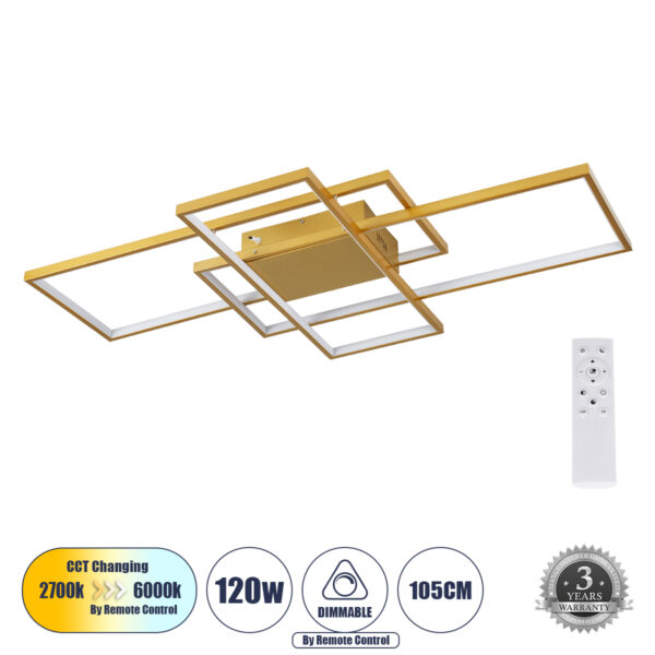 GloboStar® QUADRA 61390 Φωτιστικό Οροφής Design LED CCT 120W 14400lm 120° AC 220-240V - Εναλλαγή Φωτισμού μέσω Τηλεχειριστηρίου All In One Ψυχρό 6000k+Φυσικό 4500k+Θερμό 2700k Dimmable Μ105 x Π60 x Υ19cm - Χρυσό Βούρτσας- 3 Years Warranty