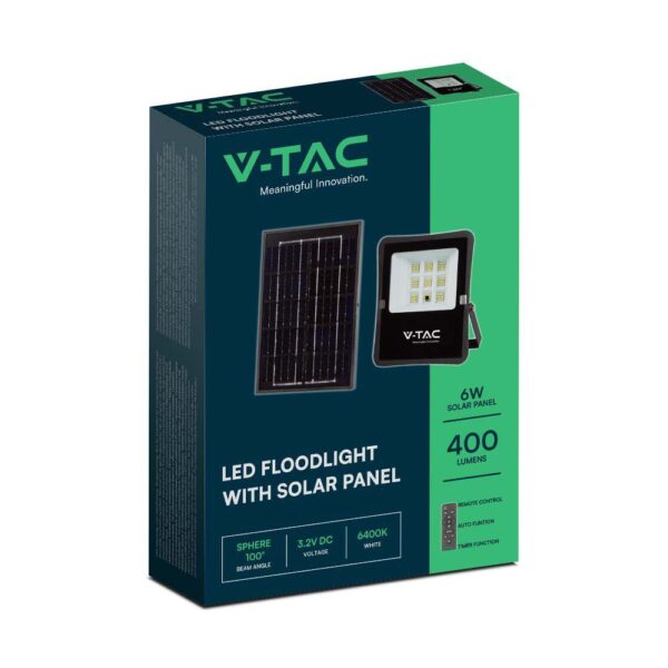 LED Ηλιακός Προβολέας 6W με Φ/Β Πάνελ & Τηλεχειριστήριο V-TAC Μαύρος IP65 400lm Φυσικό Λευκό 4000K – 6965