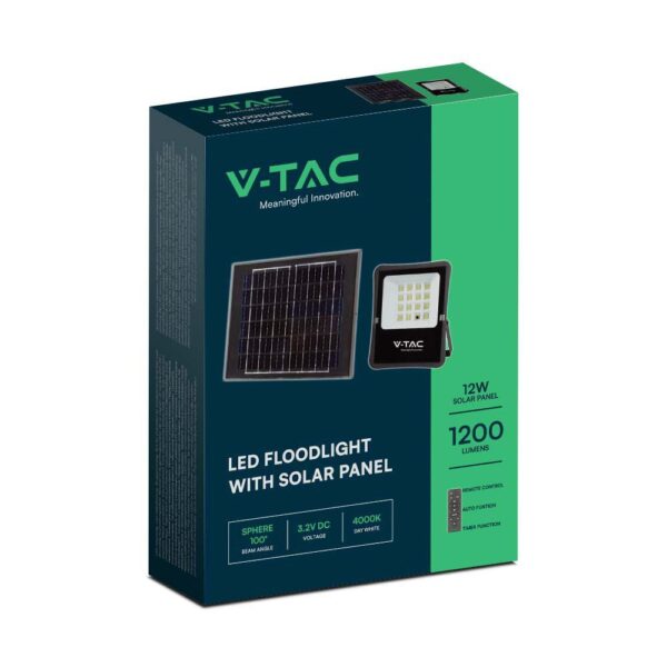 LED Ηλιακός Προβολέας 12W με Φ/Β Πάνελ & Τηλεχειριστήριο V-TAC Μαύρος IP65 1200lm Φυσικό Λευκό 4000K – 6967