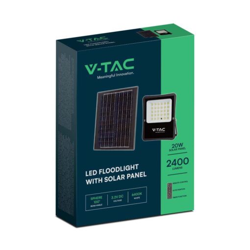 LED Ηλιακός Προβολέας 20W με Φ/Β Πάνελ & Τηλεχειριστήριο V-TAC Μαύρος IP65 2400lm Φυσικό Λευκό 4000K – 6971