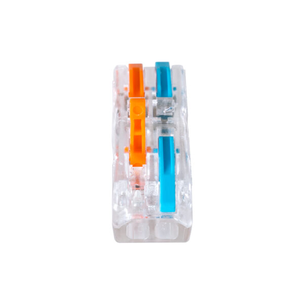 GloboStar® FAST-CONNECT 69907 Διπλή Κλέμα Ταχείας Σύνδεσης & Διακλάδωσης Καλωδίων – 2 x Είσοδοι & 2 x Έξοδοι με Συμβατή Διατομή Καλωδίων 0.08mm² έως 2.5mm² – 250V/4KV 32A Max – Μ2 x Π4 x Υ1.5cm – Διάφανο με Πορτοκαλί & Μπλε – Πακέτο 5 Τεμαχίων – 5 Years Warranty