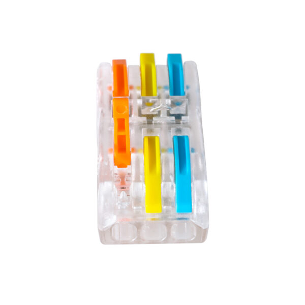 GloboStar® FAST-CONNECT 69908 Τριπλή Κλέμα Ταχείας Σύνδεσης & Διακλάδωσης Καλωδίων – 3 x Είσοδοι & 3 x Έξοδοι με Συμβατή Διατομή Καλωδίων 0.08mm² έως 2.5mm² – 250V/4KV 32A Max – Μ4 x Π4 x Υ1.5cm – Διάφανο με Πορτοκαλί, Κίτρινο & Μπλε – Πακέτο 5 Τεμαχίων – 5 Years Warranty