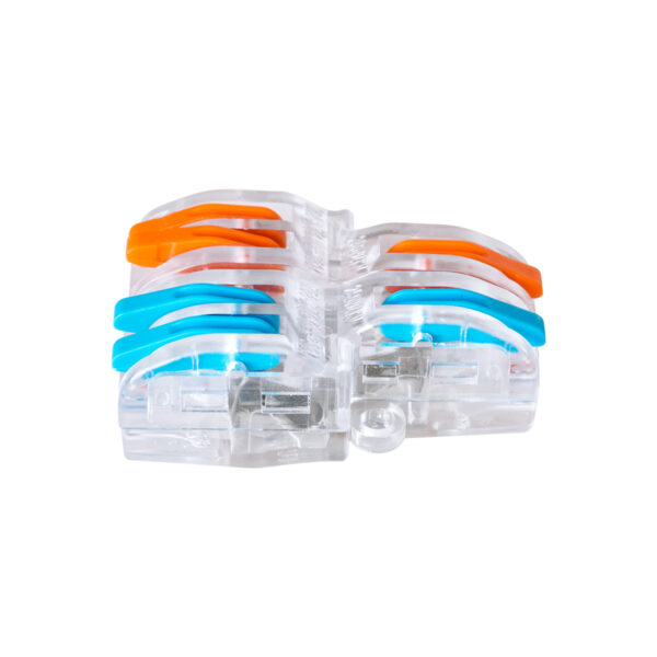 GloboStar® FAST-CONNECT 69909 Διπλή σε Τετραπλή Κλέμα Ταχείας Σύνδεσης & Διακλάδωσης Καλωδίων – 2 x Είσοδοι & 4 x Έξοδοι με Συμβατή Διατομή Καλωδίων 0.08mm² έως 2.5mm² – 250V/4KV 32A Max – Μ2.6 x Π4 x Υ1.5cm – Διάφανο με Πορτοκαλί & Μπλε – Πακέτο 5 Τεμαχίων – 5 Years Warranty