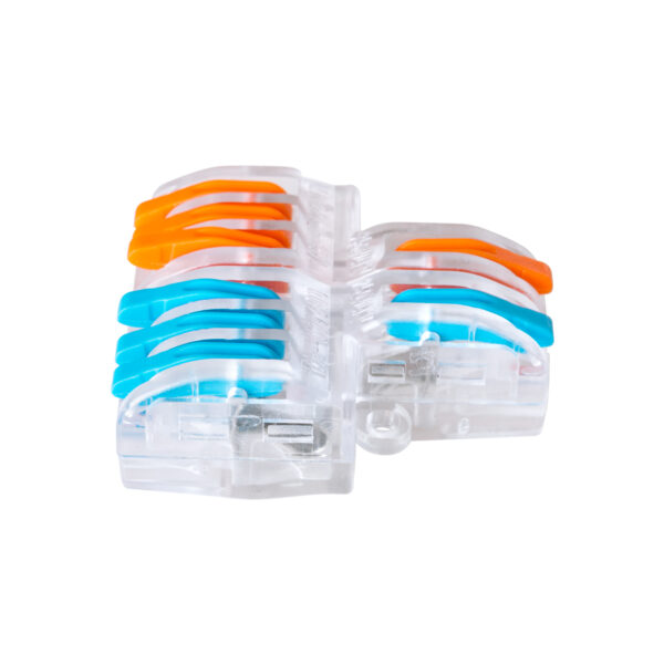 GloboStar® FAST-CONNECT 69910 Διπλή σε Εξαπλή Κλέμα Ταχείας Σύνδεσης & Διακλάδωσης Καλωδίων – 2 x Είσοδοι & 6 x Έξοδοι με Συμβατή Διατομή Καλωδίων 0.08mm² έως 2.5mm² – 250V/4KV 32A Max – Μ3.6 x Π4 x Υ1.5cm – Διάφανο με Πορτοκαλί & Μπλε – Πακέτο 5 Τεμαχίων – 5 Years Warranty