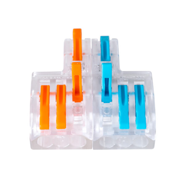 GloboStar® FAST-CONNECT 69910 Διπλή σε Εξαπλή Κλέμα Ταχείας Σύνδεσης & Διακλάδωσης Καλωδίων – 2 x Είσοδοι & 6 x Έξοδοι με Συμβατή Διατομή Καλωδίων 0.08mm² έως 2.5mm² – 250V/4KV 32A Max – Μ3.6 x Π4 x Υ1.5cm – Διάφανο με Πορτοκαλί & Μπλε – Πακέτο 5 Τεμαχίων – 5 Years Warranty
