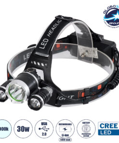 GloboStar® 69926 Φορητός Φακός Κεφαλής Επαναφορτιζόμενος LED Luminus 1 x CREE XM-L2 T6 & 2 XPE LED CHIP x 30W 3000lm 60° Μοιρών με 2 x 18650 Μπαταρία 4400mAh USB 2.0 – 4 Modes – Αδιάβροχο IP54 Ψυχρό Λευκό 6000K Μ7.5 x Π7 x Υ6cm