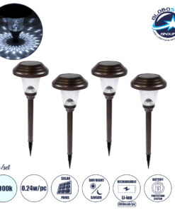 GloboStar® 69927 ΣΕΤ 4 Τεμαχίων Αυτόνομα Ηλιακά Φωτιστικά LED SMD 0.24W/Τεμ. 24lm/Τεμ. με Ενσωματωμένη Μπαταρία 600mAh – Φωτοβολταϊκό Πάνελ με Αισθητήρα Ημέρας-Νύχτας Αδιάβροχο IP65 Φανάρι Κήπου Στρογγυλό Ψυχρό Λευκό 6000K Φ12 x Υ23cm