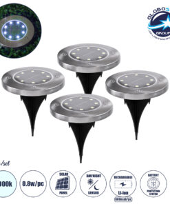 GloboStar® 69929 ΣΕΤ 4 Τεμαχίων Αυτόνομα Ηλιακά Φωτιστικά LED SMD 0.80W/Τεμ. 80lm/Τεμ. με Ενσωματωμένη Μπαταρία 600mAh – Φωτοβολταϊκό Πάνελ με Αισθητήρα Ημέρας-Νύχτας Αδιάβροχο IP65 Φανάρι Κήπου Στρογγυλό Ψυχρό Λευκό 6000K Φ12 x Υ13cm