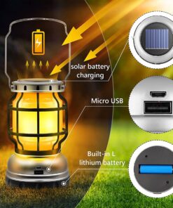 GloboStar® 69931 Αυτόνομο Ηλιακό Επαναφορτιζόμενο Φανάρι Camping LED 5W με Εναλλαγή Χρωμάτων Flame Effect & Επαναφορτιζόμενη Μπαταρία 18650 1200mAh Li-ion – Power Bank – Αδιάβροχο IP54 – Dimmable – Μαύρο Ασημί – Flame Effect 1800K – Ψυχρό Λευκό 6000K Φ10.