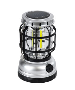 GloboStar® 69932 Αυτόνομο Ηλιακό Επαναφορτιζόμενο Φανάρι Camping LED 5W με Επαναφορτιζόμενη Μπαταρία 18650 1200mAh Li-ion – Power Bank – Αδιάβροχο IP54 – Dimmable – Μαύρο Ασημί – Ψυχρό Λευκό 6000K Φ10.2 x Υ16cm