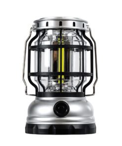 GloboStar® 69932 Αυτόνομο Ηλιακό Επαναφορτιζόμενο Φανάρι Camping LED 5W με Επαναφορτιζόμενη Μπαταρία 18650 1200mAh Li-ion – Power Bank – Αδιάβροχο IP54 – Dimmable – Μαύρο Ασημί – Ψυχρό Λευκό 6000K Φ10.2 x Υ16cm