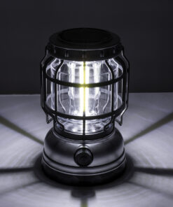 GloboStar® 69932 Αυτόνομο Ηλιακό Επαναφορτιζόμενο Φανάρι Camping LED 5W με Επαναφορτιζόμενη Μπαταρία 18650 1200mAh Li-ion – Power Bank – Αδιάβροχο IP54 – Dimmable – Μαύρο Ασημί – Ψυχρό Λευκό 6000K Φ10.2 x Υ16cm