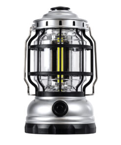 GloboStar® 69933 Αυτόνομο Επαναφορτιζόμενο Φανάρι Camping LED 5W με Επαναφορτιζόμενη Μπαταρία 18650 1200mAh Li-ion – Power Bank – Αδιάβροχο IP54 – Dimmable – Μαύρο Ασημί – Ψυχρό Λευκό 6000K Φ10.2 x Υ18cm