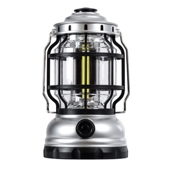 GloboStar® 69933 Αυτόνομο Επαναφορτιζόμενο Φανάρι Camping LED 5W με Επαναφορτιζόμενη Μπαταρία 18650 1200mAh Li-ion – Power Bank – Αδιάβροχο IP54 – Dimmable – Μαύρο Ασημί – Ψυχρό Λευκό 6000K Φ10.2 x Υ18cm