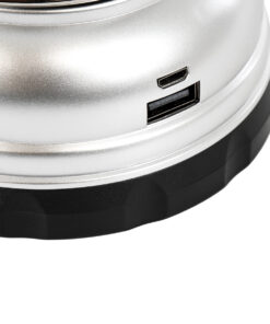 GloboStar® 69933 Αυτόνομο Επαναφορτιζόμενο Φανάρι Camping LED 5W με Επαναφορτιζόμενη Μπαταρία 18650 1200mAh Li-ion – Power Bank – Αδιάβροχο IP54 – Dimmable – Μαύρο Ασημί – Ψυχρό Λευκό 6000K Φ10.2 x Υ18cm