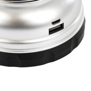 GloboStar® 69933 Αυτόνομο Επαναφορτιζόμενο Φανάρι Camping LED 5W με Επαναφορτιζόμενη Μπαταρία 18650 1200mAh Li-ion – Power Bank – Αδιάβροχο IP54 – Dimmable – Μαύρο Ασημί – Ψυχρό Λευκό 6000K Φ10.2 x Υ18cm