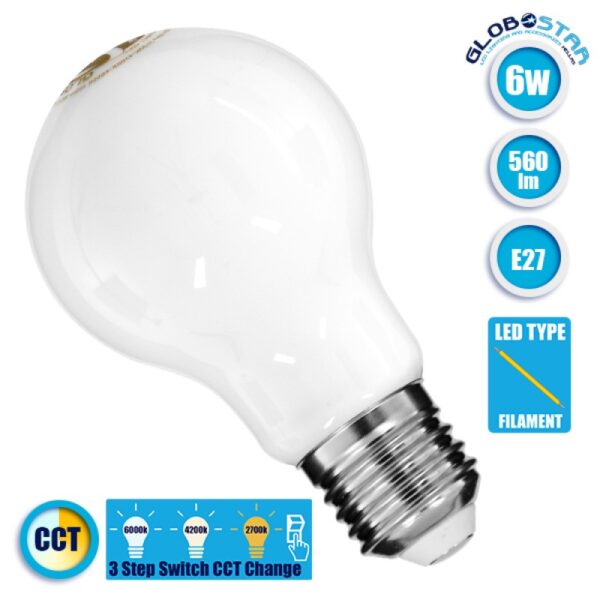 GloboStar® 99242 Λάμπα E27 A60 Γλόμπος LED CCT FILAMENT 6W 560 lm 320° AC 85-265V με Λευκό Γαλακτερό Γυαλί 3 Step Switch CCT Change Θερμό Λευκό - Φυσικό Λευκό - Ψυχρό Λευκό