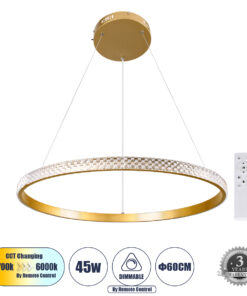 GloboStar® DIAMOND 61131 Κρεμαστό Φωτιστικό Δαχτυλίδι-Κύκλος LED CCT 45W 5230lm 360° AC 220-240V – Εναλλαγή Φωτισμού μέσω Τηλεχειριστηρίου All In One Ψυχρό 6000k+Φυσικό 4500k+Θερμό 2700k Dimmable Φ60cm – Χρυσό Βούρτσας – 3 Years Warranty