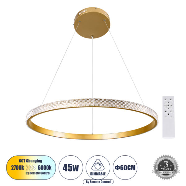 GloboStar® DIAMOND 61131 Κρεμαστό Φωτιστικό Δαχτυλίδι-Κύκλος LED CCT 45W 5230lm 360° AC 220-240V - Εναλλαγή Φωτισμού μέσω Τηλεχειριστηρίου All In One Ψυχρό 6000k+Φυσικό 4500k+Θερμό 2700k Dimmable Φ60cm - Χρυσό Βούρτσας - 3 Years Warranty