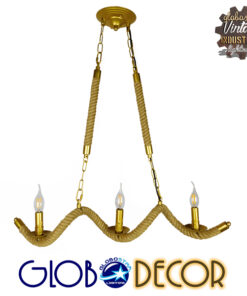 GloboStar® LUXOR 01598 Vintage Κρεμαστό Φωτιστικό Οροφής Τρίφωτο 3 x E14 Χρυσό Μεταλλικό με Μπεζ Σχοινί Μ75 x Π13 x Y18cm