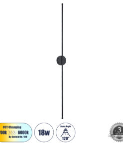 GloboStar® DIADEM 61333 Φωτιστικό Τοίχου – Απλίκα Design LED CCT 18W 2160lm 120° AC 220-240V – Εναλλαγή Φωτισμού μέσω Διακόπτη On/Off All In One Ψυχρό 6000k+Φυσικό 4500k+Θερμό 2700k Μ10 x Π4 x Υ120cm – Μαύρο – 3 Years Warranty
