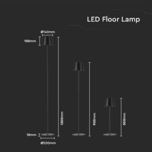 LED Επαναφορτιζόμενο Φωτιστικό Δαπέδου/Τραπεζιού Μαύρο με Ρύθμιση Ύψους  4W V-TAC IP54 Θερμό Λευκό 3000K – 7009
