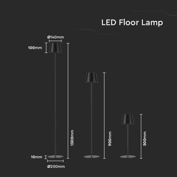 LED Επαναφορτιζόμενο Φωτιστικό Δαπέδου/Τραπεζιού Μαύρο με Ρύθμιση Ύψους  4W V-TAC IP54 Θερμό Λευκό 3000K – 7009