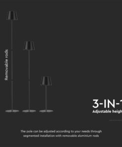 LED Επαναφορτιζόμενο Φωτιστικό Δαπέδου/Τραπεζιού Μαύρο με Ρύθμιση Ύψους 4W V-TAC IP54 Θερμό Λευκό 3000K – 7009