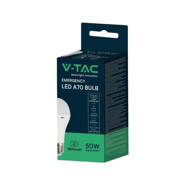 LED Λάμπα E27 9W Έκτακτης Ανάγκης 3 Ωρών V-TAC με Ενσωματωμένη Μπαταρία Φυσικό Λευκό 4000K – 7010