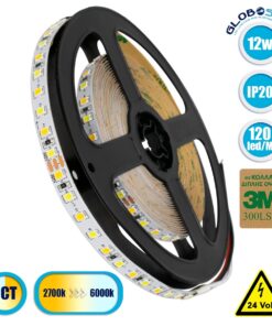GloboStar® 70260 Ταινία LED SMD 2835 CCT 3in1 5m 12W/m 120LED/m 120° DC 24V IP20 1440lm/m Ψυχρό Λευκό 6000K & 1400lm/m Φυσικό Λευκό 4500K & 1360lm/m Θερμό Λευκό 3000K