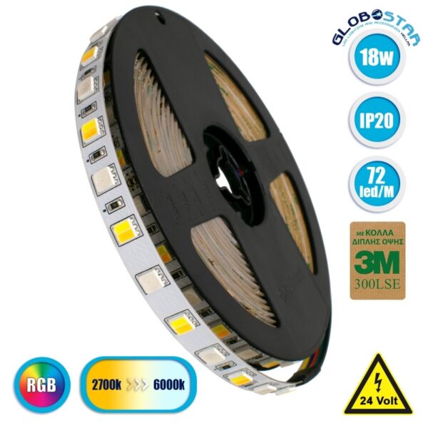 GloboStar® 70266 Ταινία LED SMD 5050 RGBW + WW 5in1 5m 18W/m 72LED/m 120° DC 24V IP20 1150lm/m Ψυχρό Λευκό 6000k & 1050lm/m Θερμό Λευκό 3000k & 900lm/m RGB