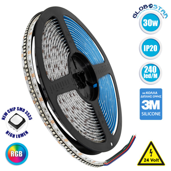 GloboStar® 70268 Ταινία LED SMD 3535 SUPER BRIGHT 5m 30W/m 240LED/m 4530 lm/m 120° DC 24V IP20 RGB - 5 Χρόνια Εγγύηση