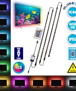 GloboStar® 70406 Σετ Ταινία TV Kit LED RGB SMD 5050 2m (4x50CM) 14.4W/2m 60LED/2m 1454lm/2m 120° USB DC 5V Οπίσθιου Κρυφού Φωτισμού για Τηλεόραση με Ασύρματο Τηλεχειριστήριο Αδιάβροχο IP65 RGB