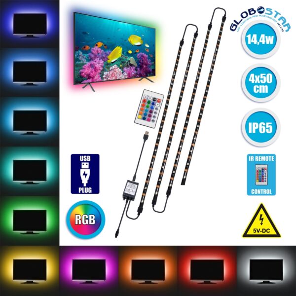 GloboStar® 70406 Σετ Ταινία TV Kit LED RGB SMD 5050 2m (4x50CM) 14.4W/2m 60LED/2m 1454lm/2m 120° USB DC 5V Οπίσθιου Κρυφού Φωτισμού για Τηλεόραση με Ασύρματο Τηλεχειριστήριο Αδιάβροχο IP65 RGB