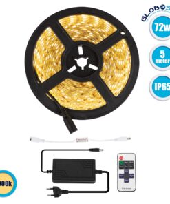 GloboStar® 70412 Σετ Ταινία LED 5m 72W/5m 12V 60LED/m 5050 SMD 1497lm/m 120° Αδιάβροχη IP65 με Ασύρματο Χειριστήριο RF 2.4Ghz και Τροφοδοτικό Θερμό Λευκό 3000K Dimmable