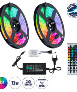 GloboStar 70418 Σετ Ταινία LED RGB SMD 5050 10m (2x5M) 7.2W/m 30LED/m 576 lm/m 120° DC 12V με Τροφοδοτικό & Ασύρματο Τηλεχειριστήριο Αδιάβροχη IP65