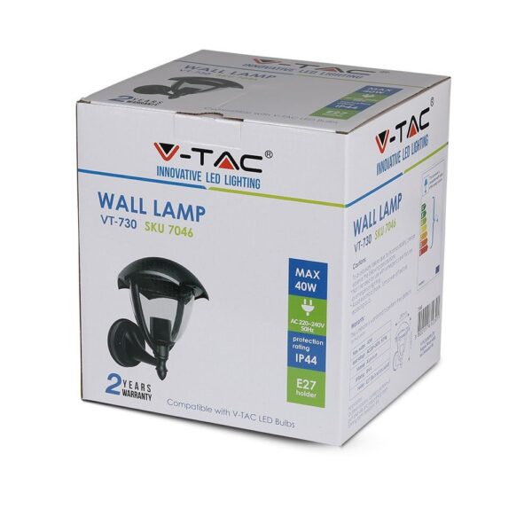 Συσκευασία φωτιστικού τοίχου LED V-TAC VT-730, μέγ. ισχύς 40W, IP44, βάσης E27, 2 χρόνια εγγύηση.