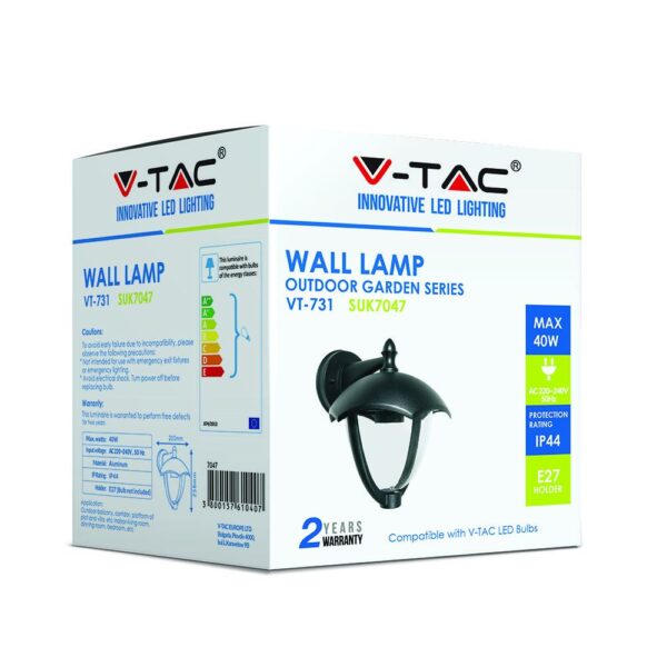 Συσκευασία φωτιστικού V-TAC VT-731 εξωτερικού χώρου, μαύρο, max 40W, IP44, E27, 2 χρόνια εγγύηση.
