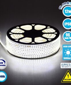 GloboStar® 70500 Slim Ταινία Μονής Σειράς Epistar LED SMD 2835 1m 12W/m 96LED/m 1680lm/m 120° DC 230V Αδιάβροχη IP68 Ψυχρό Λευκό 6000K Dimmable